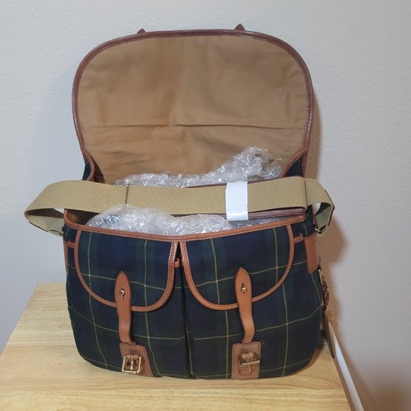 Polo Ralph Lauren Leather-Trim Canvas Messenger Bag Tartan Plaid Office Work Bag - Picture 7 of 7